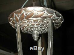 Beautiful Art Deco 4 Lights Chandelier In Nickel-plated Bronze And Chrome Signed Degué