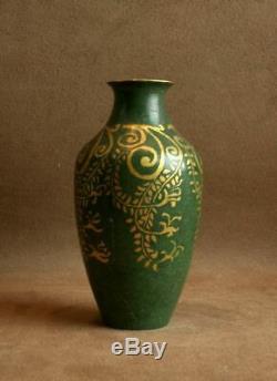 Beautiful Art Deco Bronze And Green Patina Dinanderie Vase Signed Christofle