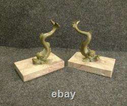 Beautiful Art Deco Bronze and Marble Bookends from the 30s-40s Featuring Dolphins