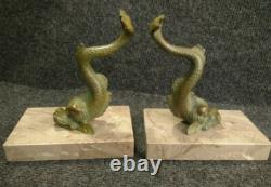 Beautiful Art Deco Bronze and Marble Bookends from the 30s-40s Featuring Dolphins