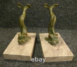 Beautiful Art Deco Bronze and Marble Bookends from the 30s-40s Featuring Dolphins