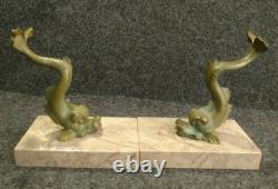 Beautiful Art Deco Bronze and Marble Bookends from the 30s-40s Featuring Dolphins