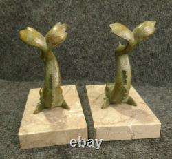 Beautiful Art Deco Bronze and Marble Bookends from the 30s-40s Featuring Dolphins