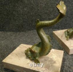 Beautiful Art Deco Bronze and Marble Bookends from the 30s-40s Featuring Dolphins