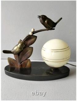 Beautiful Art Deco Lamp, Bronze Animalier, Bird on Branch, Signed Guy, 1930s