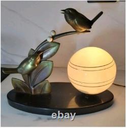 Beautiful Art Deco Lamp, Bronze Animalier, Bird on Branch, Signed Guy, 1930s
