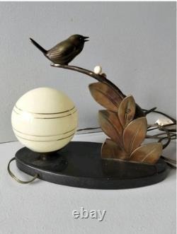 Beautiful Art Deco Lamp, Bronze Animalier, Bird on Branch, Signed Guy, 1930s