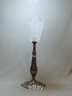 Beautiful Art Deco Lamp In Bronze Nickel & Tulip Glass Mold Press, Era Muller