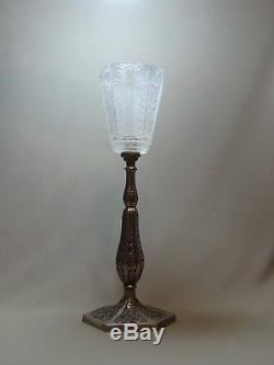 Beautiful Art Deco Lamp In Bronze Nickel & Tulip Glass Mold Press, Era Muller