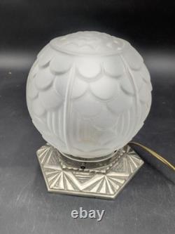 Beautiful Art Deco night lamp from the 1930s, molded glass globe and bronze base