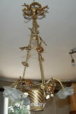 Beautiful Chandelier Basket Bronze Tulip Glass Paste. Antique French Bronce