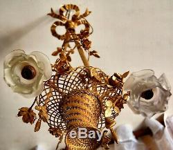 Beautiful Chandelier Basket Bronze Tulip Glass Paste. Antique French Bronce