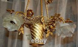 Beautiful Chandelier Basket Bronze Tulip Glass Paste. Antique French Bronce