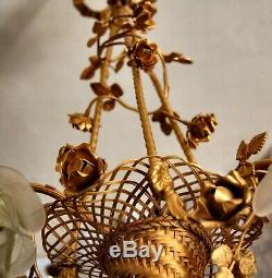 Beautiful Chandelier Basket Bronze Tulip Glass Paste. Antique French Bronce