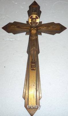 Beautiful German or Belgian Art Deco vintage crucifix in copper and enameled bronze.