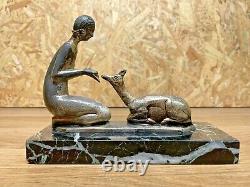 Beautiful Sculpture Bronze Socle Marble Year 1930 Art Deco Woman A La Biche