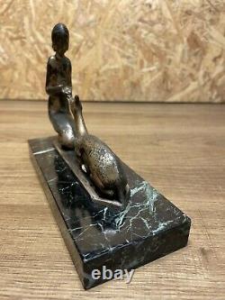 Beautiful Sculpture Bronze Socle Marble Year 1930 Art Deco Woman A La Biche