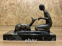 Beautiful Sculpture Bronze Socle Marble Year 1930 Art Deco Woman A La Biche