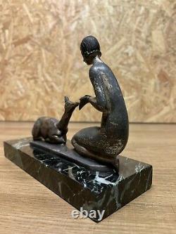 Beautiful Sculpture Bronze Socle Marble Year 1930 Art Deco Woman A La Biche