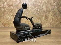 Beautiful Sculpture Bronze Socle Marble Year 1930 Art Deco Woman A La Biche