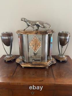 Beautiful and Large Art Deco Clock / Silvered Bronze Panther / Adnet / 1930