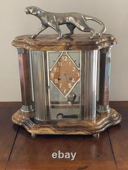 Beautiful and Large Art Deco Clock / Silvered Bronze Panther / Adnet / 1930