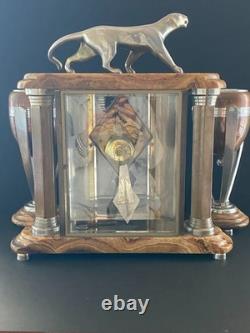 Beautiful and Large Art Deco Clock / Silvered Bronze Panther / Adnet / 1930