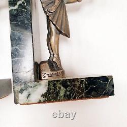 Bookend Sculpture Woman Dancer Signed C. Charles Art Deco Bronze