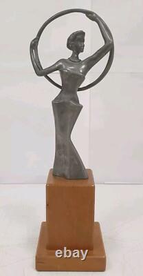 Bookend sculpture in aluminum and zinc, woman trophy, bronze-free, Art Deco style