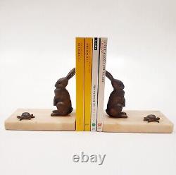 Bookends Animal Sculpture Hare Tortoise Signed G. Garreau Art Deco Bronze