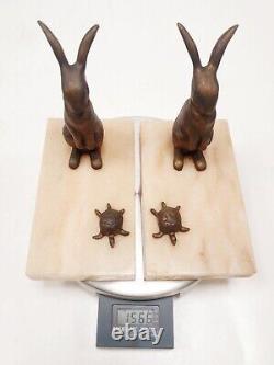 Bookends Animal Sculpture Hare Tortoise Signed G. Garreau Art Deco Bronze