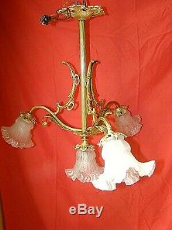 Bronze And Brass Chandelier With 4 Tulips Vintage Early Twentieth