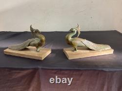 Bronze Art Bookends and Art Deco Marble Animal Peafowl