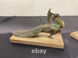 Bronze Art Bookends and Art Deco Marble Animal Peafowl
