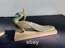 Bronze Art Bookends and Art Deco Marble Animal Peafowl