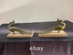 Bronze Art Bookends and Art Deco Marble Animal Peafowl