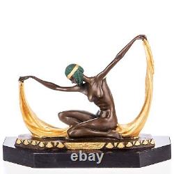 Bronze Art Deco Colored Dancer Sculpture on Black Marble Signed