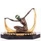 Bronze Art Deco Colored Dancer Sculpture On Black Marble Signed