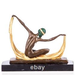 Bronze Art Deco Colored Dancer Sculpture on Black Marble Signed