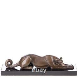 Bronze Art Deco Figurine of a Lying Greyhound on a Black Marble Base Signed