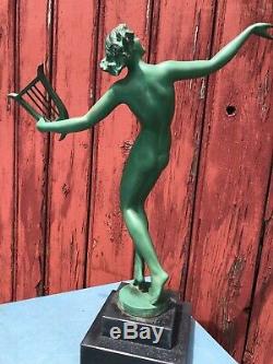 Bronze Art Deco Sign Fayral 1930 Naked Woman In La Harpe