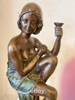 Bronze Art Deco Style Woman Sculpture on White Stone Base