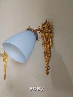 Bronze Art Deco Wall Sconces with Antique Glass Tulips