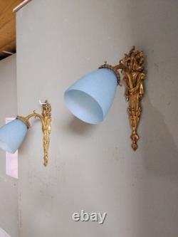 Bronze Art Deco Wall Sconces with Antique Glass Tulips