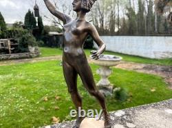 Bronze Art Deco nude dancer with lantern signed Fugère onyx base sculpture anc