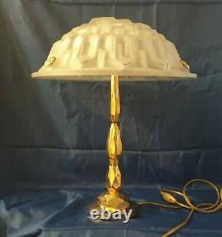 Bronze Art-deco Period Lamp Where Laiton Moulded Glass Signed Degué