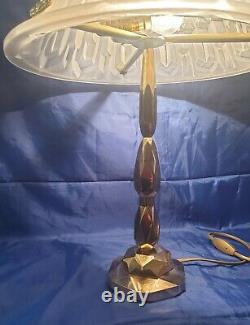 Bronze Art-deco Period Lamp Where Laiton Moulded Glass Signed Degué