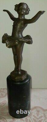 Bronze Ballerina Danceous Green Marble Art Deco After F. Preiss Signed Poinçon