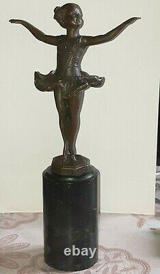 Bronze Ballerina Danceous Green Marble Art Deco After F. Preiss Signed Poinçon