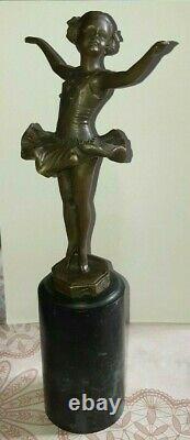 Bronze Ballerina Danceous Green Marble Art Deco After F. Preiss Signed Poinçon